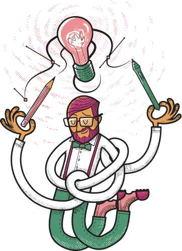 Illustration of a man with long twisted arms holding pencils pointing at a light bulb above his head.