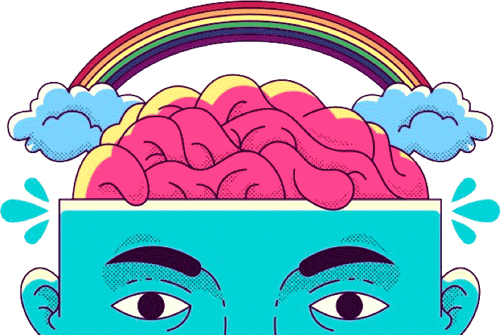 ilustração criada por E·the·re·al” da cabeça de uma pessoa como desenho animado com um arco-íris brilhante sobre seu cérebro